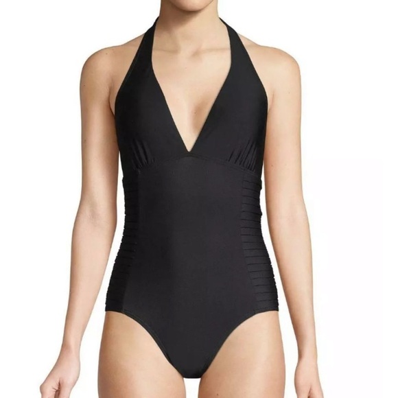 CALVIN Klein Side Pleated Halter One Piece Suit - Picture 3 of 6